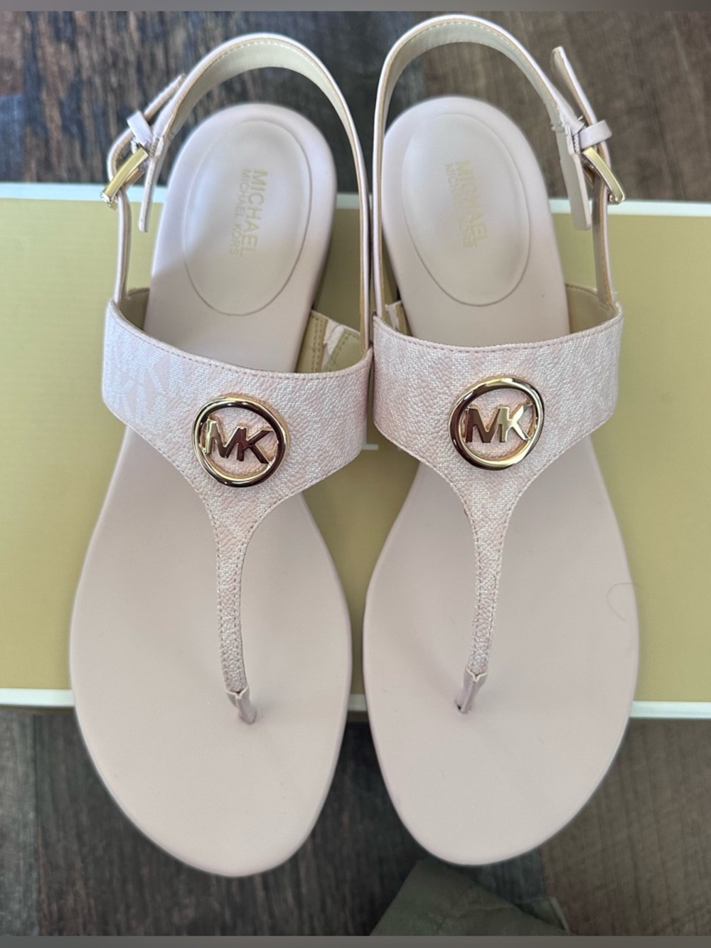 Michael Kors Blush Pink Logo T-Strap Sandals with Gold Accents